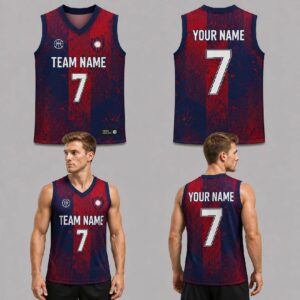 Custom Red Blue Striped Grunge Pattern Basketball Jersey - BKB003