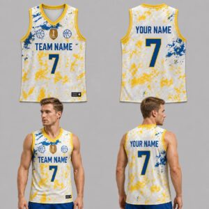 Custom Blue Yellow White Snow Pattern Basketball Jersey - BKB004
