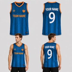 Custom Blue Orange Geometric Pattern Basketball Jersey - BKB005