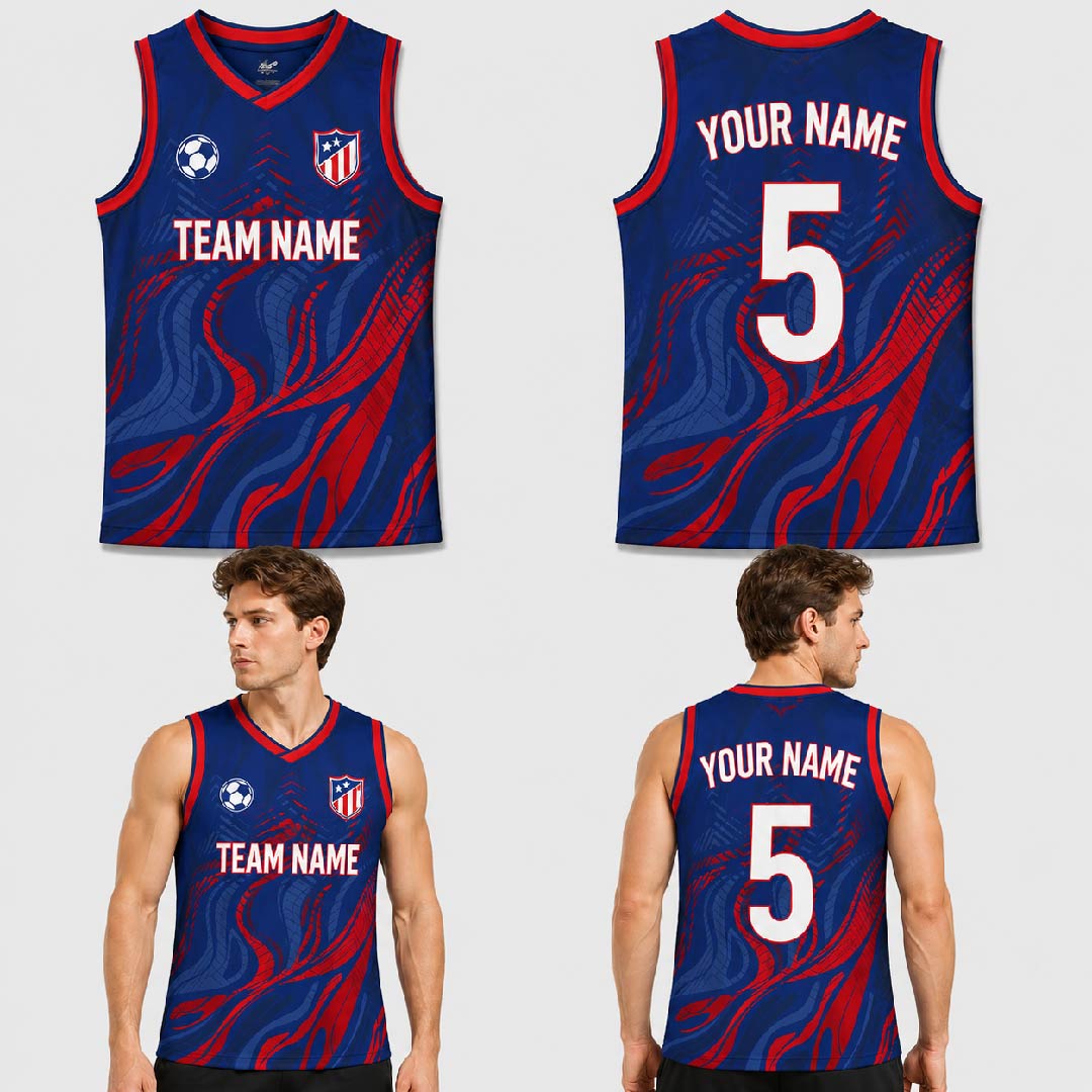 Custom Blue Red Wave Pattern Basketball Jersey - BKB009