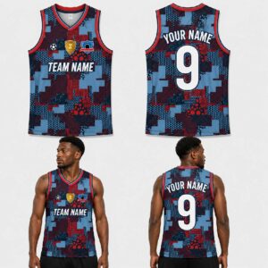 Custom Red Blue Geometric Patch Pattern Basketball Jersey – BKB012