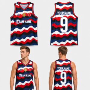 Custom Blue Red White Black Waves Pattern Basketball Jersey – BKB013
