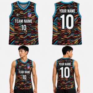 Custom Black Red Yellow Blue Stroke Stripes Pattern Basketball Jersey – BKB020