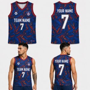 Custom Blue Red Geometric Grunge Pattern Basketball Jersey – BKB023