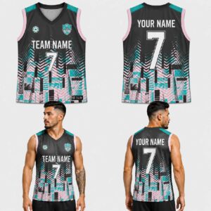 Custom Black Green Pink Geometric Wave Pattern Basketball Jersey – BKB024