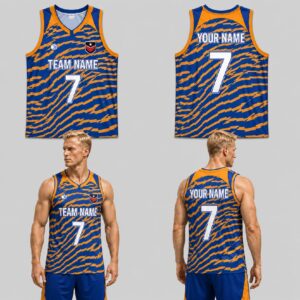 Custom Blue Orange Geometric Waves Pattern Basketball Jersey - BKB027
