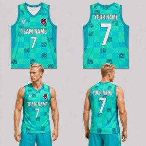 Custom Blue Green Black Checkered Grunge Pattern Basketball Jersey - BKB028