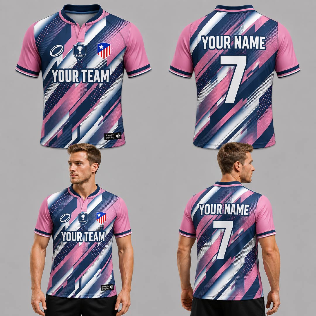 Custom Pink White Blue Abstract Geometric Pattern Football Jersey - FOT010