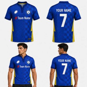 Custom Blue Yellow Checkered Waves Pattern Football Jersey – FOT026