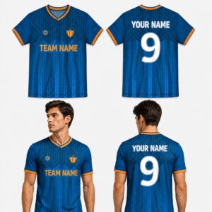 Custom Blue Orange Geometric Pattern Soccer Jersey – SOC003