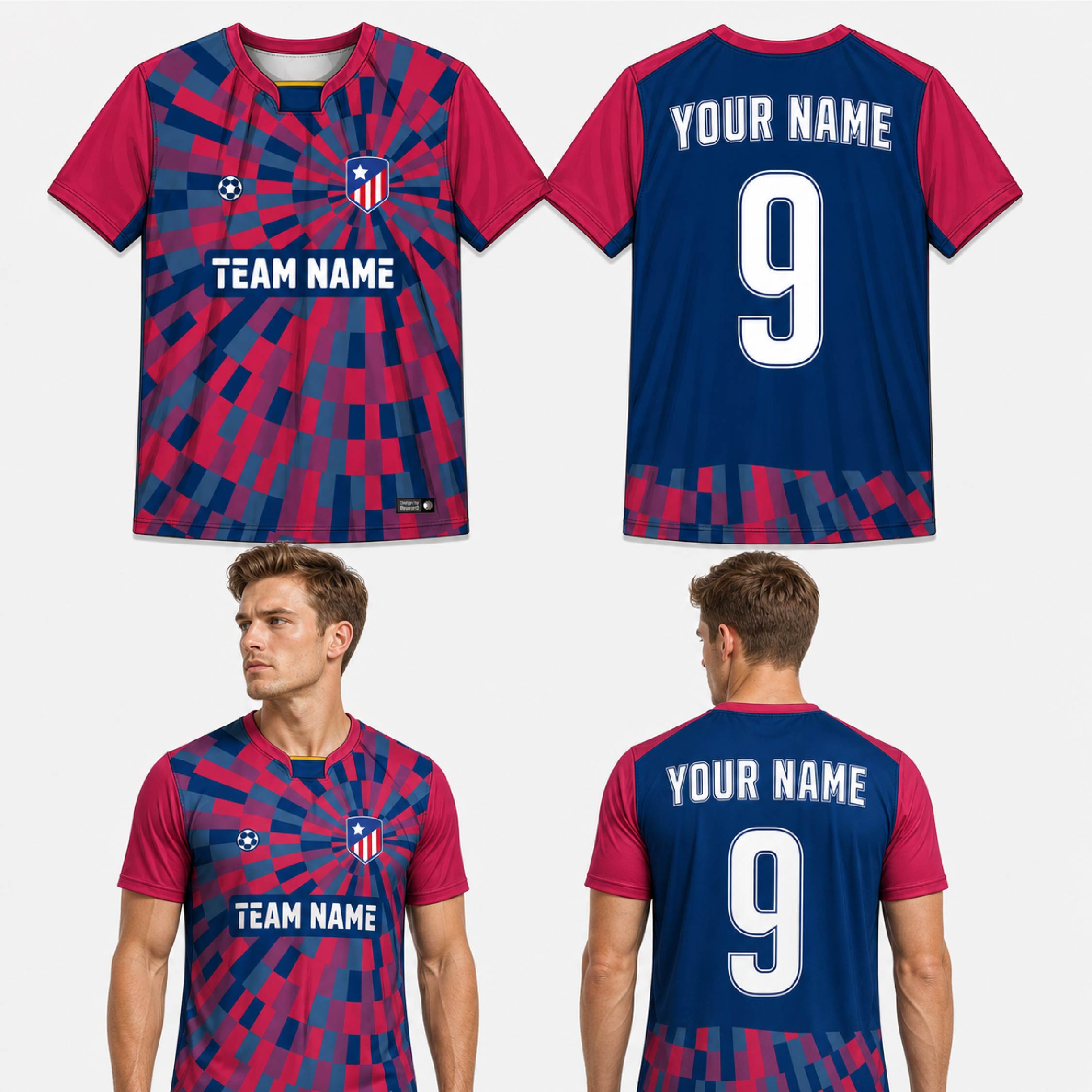 Custom Red Blue Geometric Pattern Soccer Jersey - SOC006