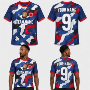 Custom Blue Red White Black Patched Pattern Soccer Jersey – SOC010
