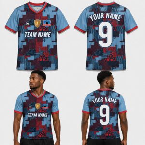 Custom Red Blue Geometric Patch Pattern Soccer Jersey – SOC014