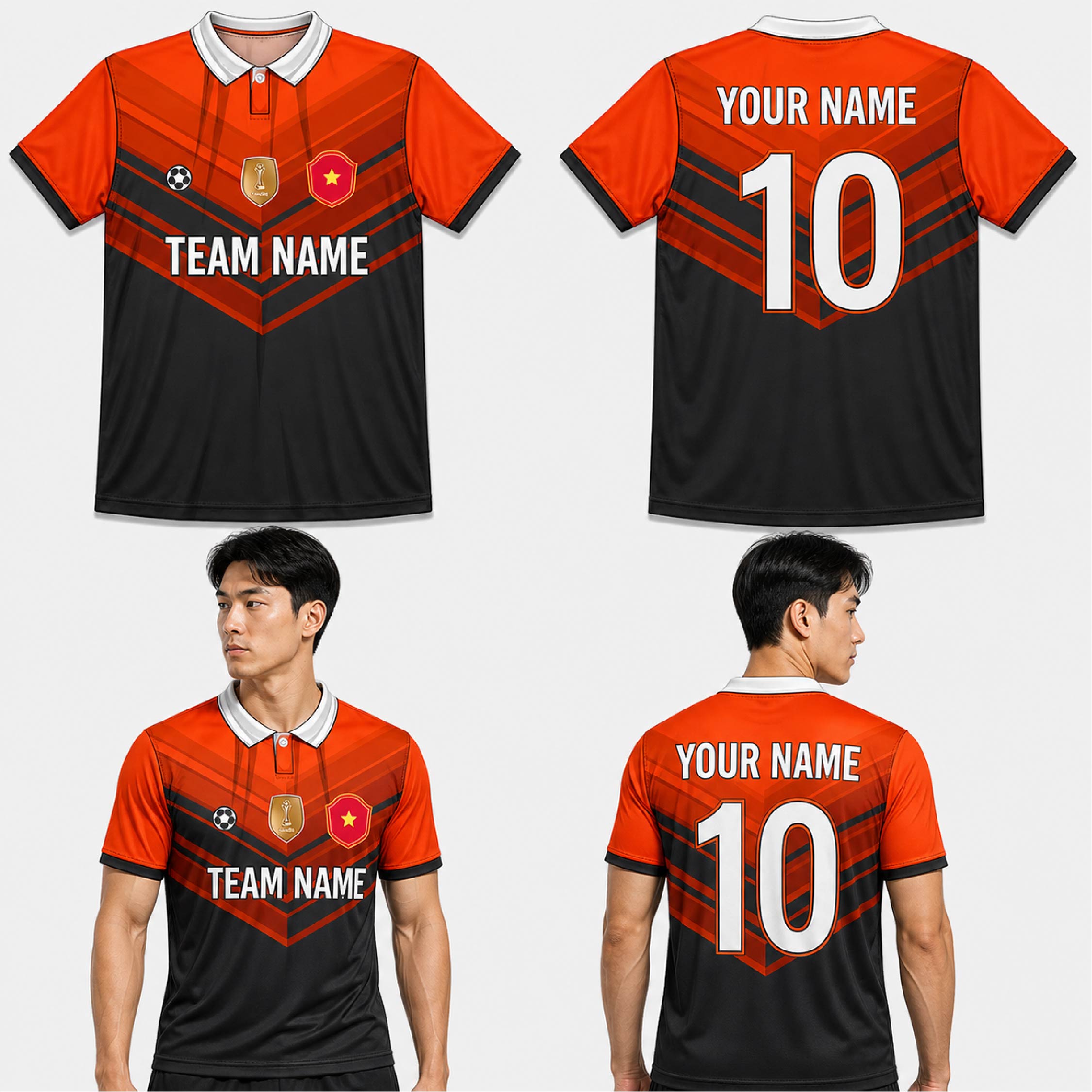 Custom Orange Black Geometric Pattern Soccer Jersey - SOC033