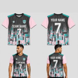 Custom Black Green Pink Geometric Wave Pattern Soccer Jersey – SOC043