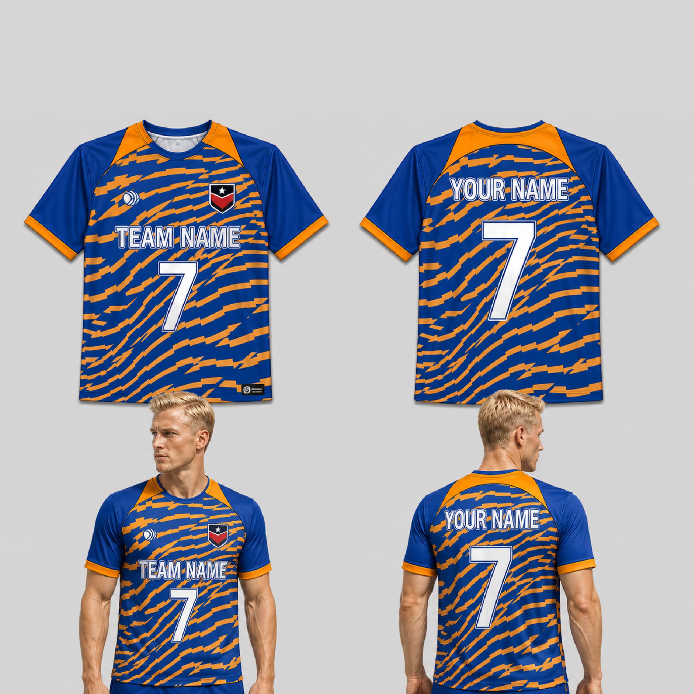 Custom Blue Orange Geometric Waves Pattern Soccer Jersey - SOC048