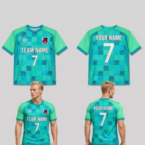 Custom Blue Green Black Checkered Grunge Pattern Soccer Jersey – SOC049