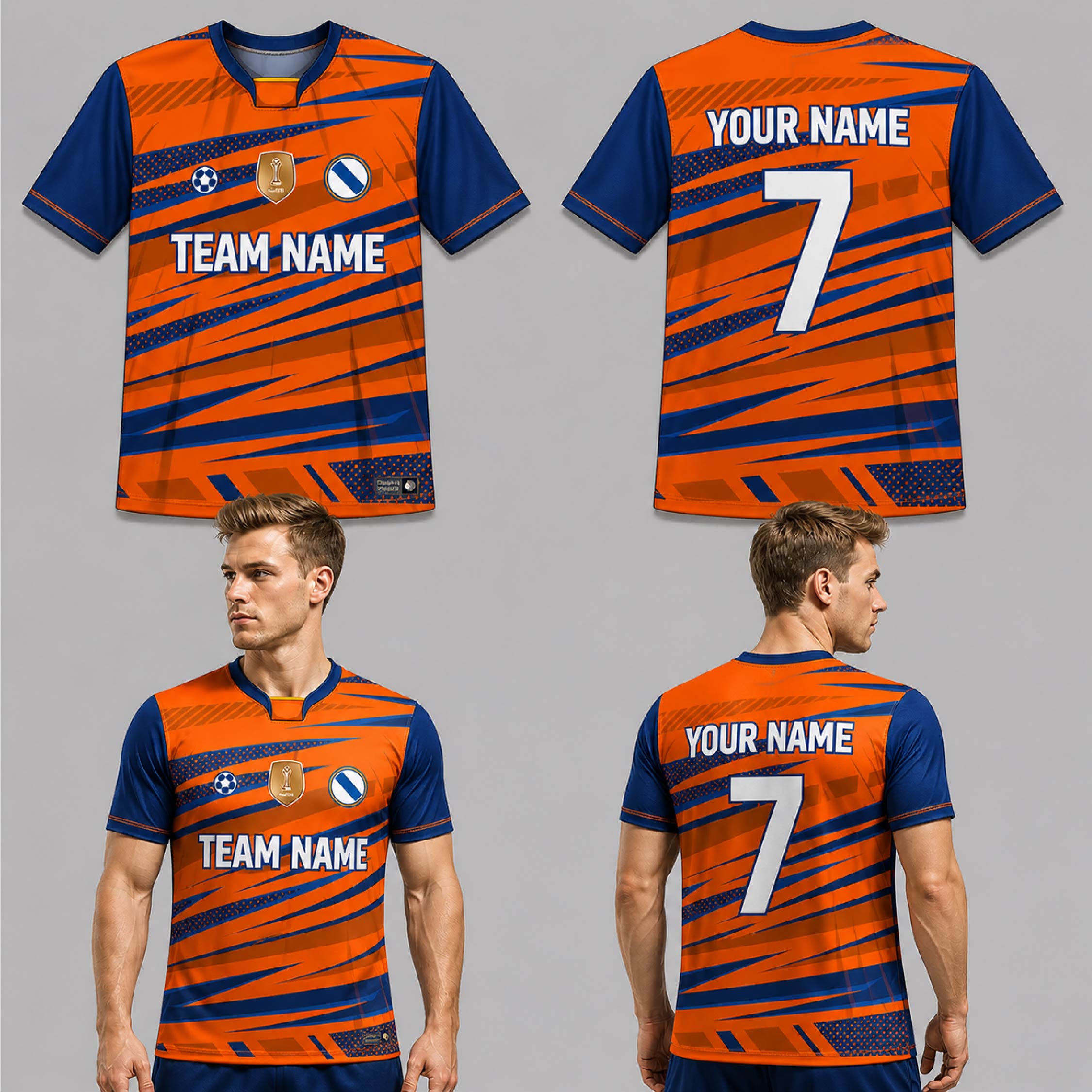Custom Blue Orange Geometric Slashes Pattern Soccer Jersey - SOC065