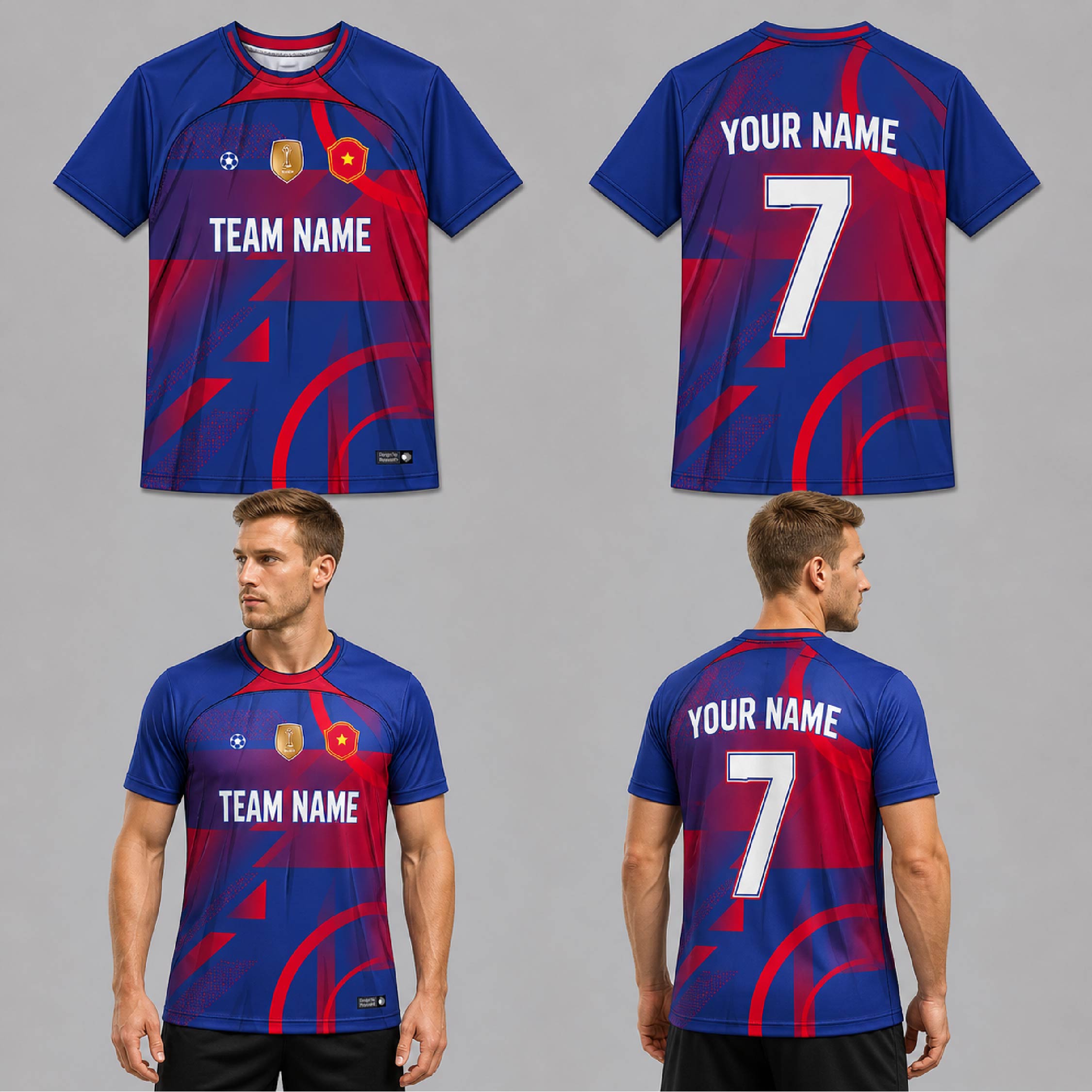 Custom Blue Red Abstract Geometric Pattern Soccer Jersey - SOC071