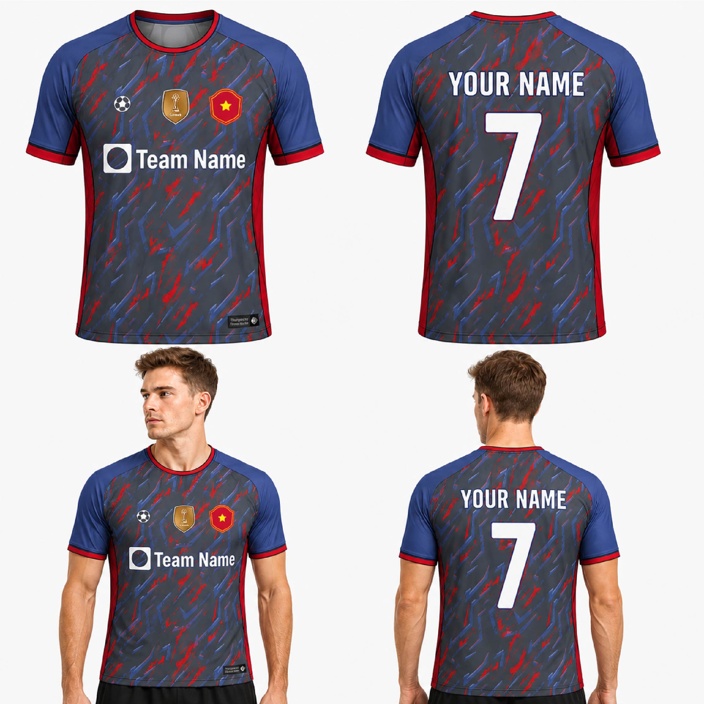 Custom Black Blue Red Abstract Waves Pattern Soccer Jersey - SOC086