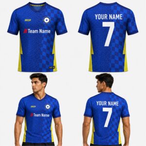 Custom Blue Yellow Checkered Waves Pattern Soccer Jersey - SOC090