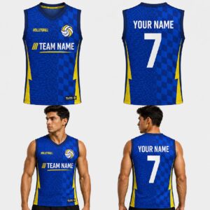 Custom Blue Yellow Checkered Waves Pattern Volleyball Jersey – VOL005