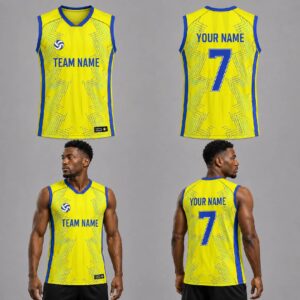 Custom Blue Yellow Wave Lines Pattern Volleyball Jersey – VOL014