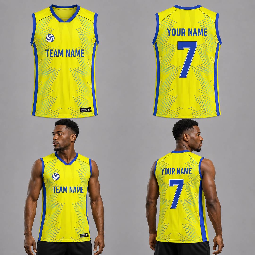 Custom Blue Yellow Wave Lines Pattern Volleyball Jersey - VOL014