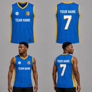 Custom Blue Yellow Wave Lines Pattern Volleyball Jersey – VOL015