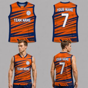 Custom Blue Orange Geometric Slashes Pattern Volleyball Jersey - VOL028